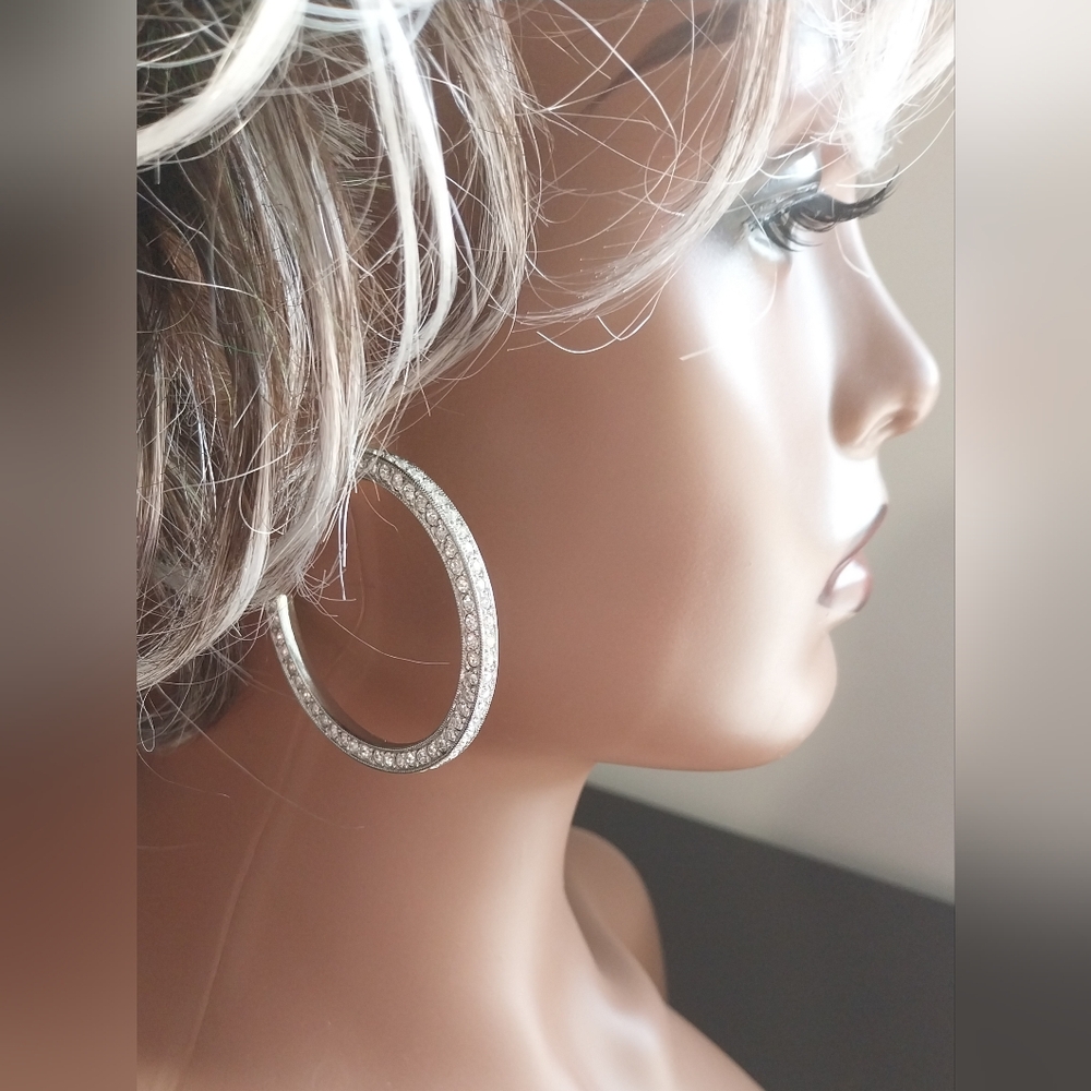 Vintage Kenneth Lane Sparkling Silver Crystal Hoop Earrings - Picture 8 of 16